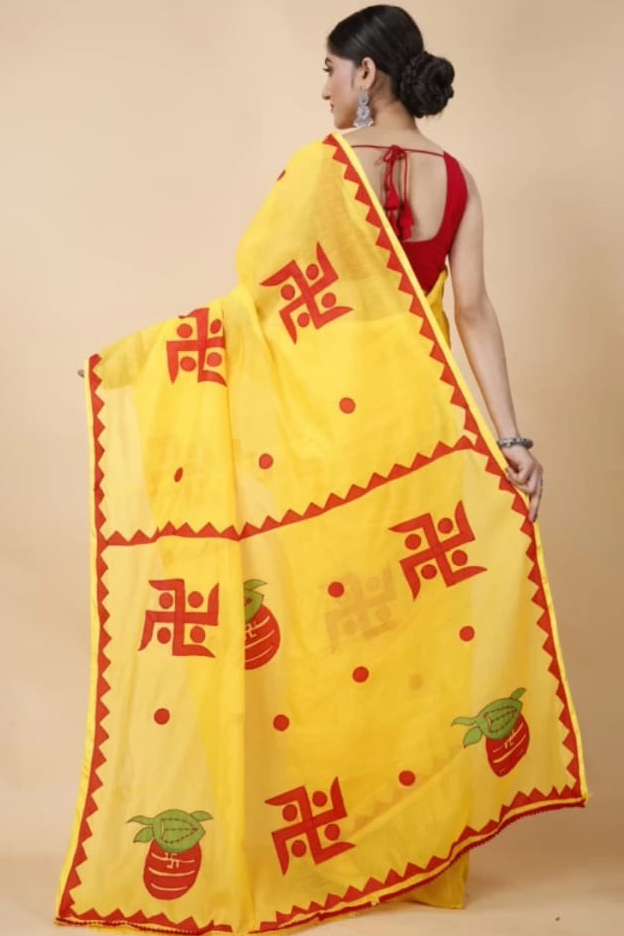 Yellow Red Blended Cotton Albela Hand Painted Saree (9002)
